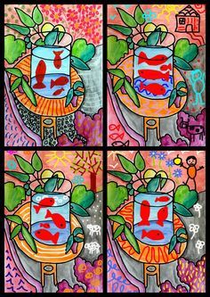 four different paintings with plants and fish in them on the same page, each one is colored