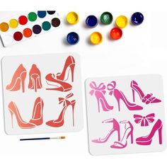 two coasters with shoes and heels painted on them next to paintbrushes, watercolor pens and markers