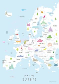 an illustrated map of europe with all the major cities and their names in bright colors