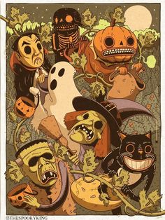 a group of cartoon characters with pumpkins and jack - o'- lantern faces