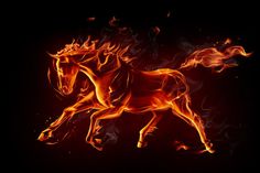 a fire horse running across a black background