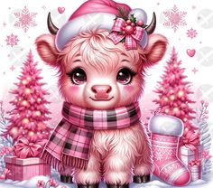 a christmas card with a cute little cow wearing a hat and scarf on it's head