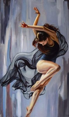 a painting of a ballerina in the air with her arms outstretched and legs spread out