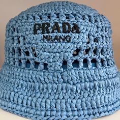 Blue Prada Crochet Hat Size Small Never Worn New With Tags Designer Beach Hats For Spring, Trendy Blue Crochet Hat For Summer, Casual Blue Woven Hats, Trendy Blue Brimmed Crochet Hat, Prada Hat, Crochet Hat Sizing, Blue Prada, Accessories Blue, Crochet Bucket