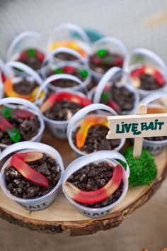 small plastic cups filled with dirt and vegetables sitting on top of a wooden table next to a sign that says live bait