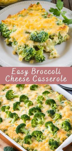 broccoli and cheese casserole on a white plate with text overlay