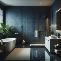 a bathroom with a tub, sink and mirror