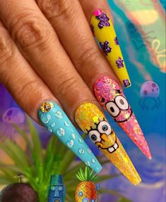 Spongebob Nails, Cartoon Nail Designs, Cartoon Nail Art, Cartoon Nails, Crazy Nail Art, Nail Drawing, Crazy Nails, Disney Nails, Girls Nails