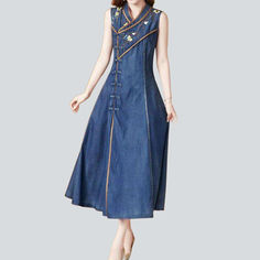 Introducing the 2023 Spring-Summer Collection ââ‚?a Chinese-style. sleeveless. denim dress with laid-back style vibes! This fit and flare dress is the perfect blend of comfort and sophistication. and the perfect expression of fashionable punkish. Look and feel your best while making a statement with this unique piece!Key Highlights: Embroidered Elegance: Intricately ornamented patterns capture a blend of vogue and conventional styles. Street Style: The perfect piece for on-trend. city style patt Casual A-line Sleeveless Dress For Spring, Spring Midi-length Non-stretch Sleeveless Dress, Spring Non-stretch Sleeveless Midi Dress, Sleeveless Non-stretch Medium Wash Denim Dress, Blue Denim A-line Dress, Casual Sleeveless Knee-length Dress For Spring, Non-stretch Cotton Midi Dress For Summer, Fitted A-line Denim Dress For Summer, Chic Sleeveless Denim Vest For Spring