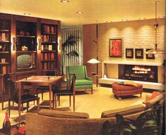 a living room filled with furniture and a fire place in the middle of it's wall