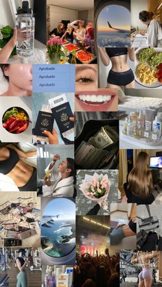 a collage of photos with people eating and drinking water, food, and other things