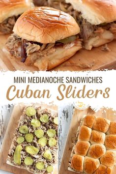 mini medianoche sandwiches with cuban sliders on wooden cutting board and text overlay reads mini medianoche sandwiches cuban sliders