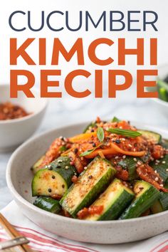 cucumber kimchi in a plate with text cucumber kimchi recipe Spicy Cucumber Salad Asian, Gochujang Ramen, Cucumber Salad Asian, Kimchi Health Benefits, Cucumber Kimchi Recipe, Korean Pickles, Ramen Homemade, Korean Veggies, Kimchi Salad