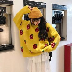 #korean #sweater #strawberry Cute Korean Fashion, Aesthetic Clothing Stores, Oversized Sweater Women, Solid Sweaters, Oversized Jumper, Warm Sweaters, Long Sleeve Knit Tops, Next Clothes, Casual Sweaters