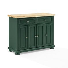 a green cabinet with two drawers and a wooden top on the bottom, against a white background