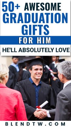 two men shaking hands with the words amazing graduation gifts for him and his wife on them