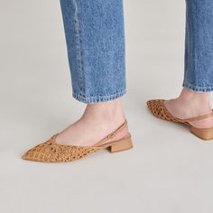 CYNDI FLATS NATURAL WOVEN – Dolce Vita Casual Brown Slingback Pumps For Spring, Summer Flat Heel Slingback Pumps, Casual Beige Slingback Pumps, Casual Leather Slingback Pumps For Spring, Dinner Looks, Natural Weave, Leather Socks, Woven Design, Casual Denim