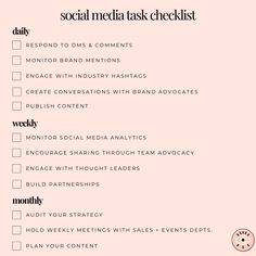 the social media task checklist is shown in pink with black and white writing on it