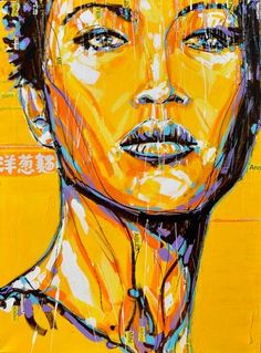 an abstract painting of a woman's face on orange paper with chinese characters in the background