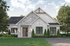 this is an artist's rendering of a modern farmhouse style home with stone and shingles