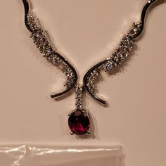 Fifth Avenue Collection Jewelry Silver Jeweled Band With Ruby Red Pendant And Matching Earrings. Abalone Shell Necklace, Ankh Necklace, Birthday Pendant, Red Pendant, Mesh Necklace, Chunky Bead Necklaces, Purple Quartz, Red Pendants, Vintage Sapphire