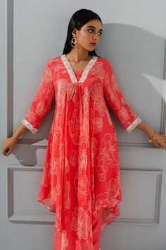 Coral asymmetric kurta with all over floral print and sequin bead embellishments. Comes with straight pant. - Aza Fashions Spring Anarkali Kurta With V-neck, Festive V-neck Kurta For Spring, Spring Festive V-neck Kurta, Festive Spring V-neck Kurta, Asymmetric Kurta, Women Kurta, Pant Women, Pant For Women, Blossom Print