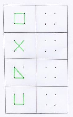 four squares with different shapes and lines drawn on them