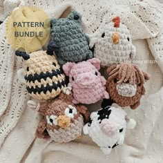 crocheted farm animals are arranged on a white blanket with the words pattern bundle written above them