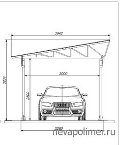 a drawing of the front end of a car parked under an awning with measurements