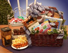 a large basket filled with lots of different types of food and snacks on top of each other