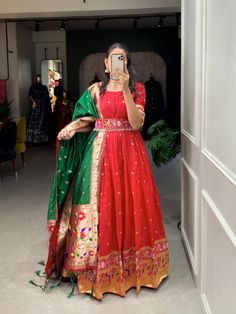 Get ready for this wedding season in a jacquard (Paithani) red dress which has zari weaving work. This south indian zari weaving work gown can be wear at any special festivals. Narayanpet Long Frocks, Indian Frocks, Frocks And Gowns, Lehenga Saree Design, Half Saree Lehenga