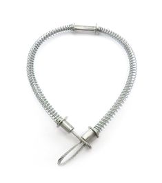 a metal wire bracelet with two scissors attached to it's end, on a white background