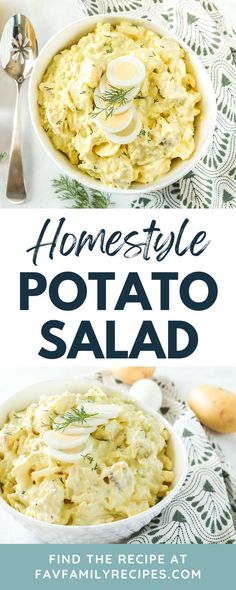 the recipe for homemade potato salad is shown in two bowls