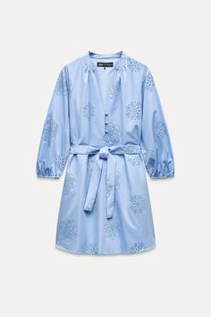 RUBBERIZED EMBROIDERY POPLIN DRESS - Sky blue | ZARA United States Zara Poplin Dress, Cutwork Embroidery, Poplin Dress, Blue Mini Dress, Elbow Length Sleeve, Cut Work, Dress With Cardigan, Trouser Jeans, Sweater Coats