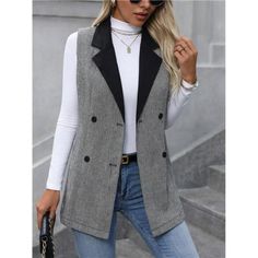 -Item Id 39990175 -Details: Double Button -Neckline: Lapel -Placket: Double Breasted -Style: Casual -Type: Vest -Color: Grey -Pattern Type: Colorblock, Textured Pattern -Sleeve Length: Sleeveless -Length: Thigh Length -Temperature: Spring/Fall (18-25/63-77) -Pockets: No -Body: Unlined -Fit Type: Regular Fit -Fabric: Non-Stretch -Material: Woven Fabric -Composition: 100% Polyester -Care Instructions: Machine Wash Or Professional Dry Clean -Sheer: No **Open To Offers!!!** **Bundle To Save More** * Pattern Sleeve, Grey Pattern, Blazer Fashion, Herringbone Pattern, Herringbone, Double Breasted, Woven Fabric, Blazer Jacket, Color Blocking