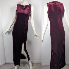 ⭐Description⭐ Velvet dress with the perfect 90s feel. Ankle length with slit, slight cowl and that neck in a pretty red wine color.  Size small Bust - 15" Waist - 14" Hips - 17.5" ⭐Condition ⭐ Excellent.  ⭐COMBINED SHIPPING⭐ Please use Code BUNDLE15 for 2 items purchased and shipping together for a 15$ rebate and BUNDLE25 for 25$ discount on 3 items (shipping together) or more! ⭐THANK YOU⭐  I am one woman on a mission to find beauty in discarded treasures and make sure they go to good homes wher Red Velvet Maxi Dress, 90s Prom Dress, Prom Dress Burgundy, 90s Prom, Wine Dress, Velvet Tank Top, Velvet Tank, Red Velvet Dress, Velvet Maxi Dress