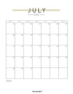 the july calendar is shown in black and white