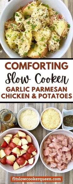 the ingredients for this comforting slow cooker garlic parmesan chicken and potatoes recipe