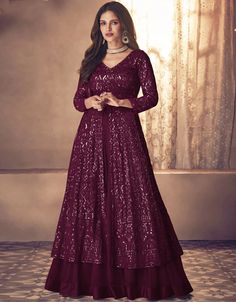 plum Lehenga style Suit Faux Georgette Salwar Kameez in Embroidery, Sequins & Lace Work #indiansuitdesigns #salwarkameezboutiques #latestsuitdesign #salwarsdesign #suitingindia #fashionsuitforladies #selwardesigns #salwarsdesigns #womensprintedsuits #onlinesalwarkameez #designerdressessuit #suitdressdesign #designerdresssuits #shlwardesign #cheapsalwarkameez #womensuitsstyles #indiankameez #printedwomenssuit #blackshalwarkameezwomen #ladiesindiansuits Long Choli Lehenga, Mega Mart, Pink Anarkali, Anarkali Lehenga, Lehenga Suit, Pink Gown, Lehenga Style, Salwar Kamiz, Designer Anarkali