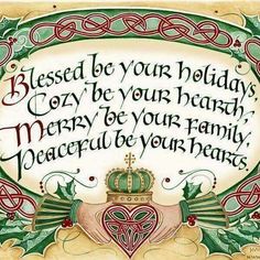 a christmas card with an image of a crown and holly wreath on the bottom, surrounded by celtic writing