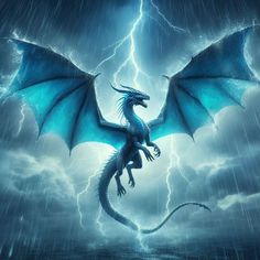 a blue dragon sitting on top of a cloud covered sky next to a lightning bolt