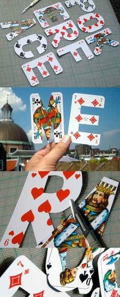 playing cards are being cut into the shape of letters