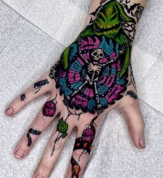 a person's hand with tattoos on it