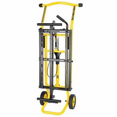 a yellow hand truck with wheels on it