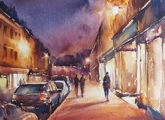 watercolor painting of people walking down the street at night with cars parked on the sidewalk