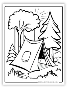 a coloring page with a tent in the woods