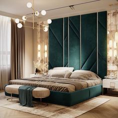 a large bed sitting in the middle of a bedroom next to a tall mirror wall