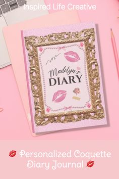 personalized coquette diary journal with pink background and gold frame, surrounded by stationery items