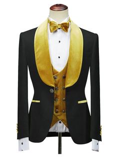 Gold Fitted Double-breasted Blazer, Luxury Fitted Blazer With Gold Buttons, Tailored Long Sleeve Suits With Gold Buttons, Fitted Blazer For Groom, Fall Season, Gold Fitted Blazer With Lapel Collar, Gold Fitted Blazer With Buttons, Gold Fitted Winter Suits, Fitted Fall Blazer For Groom, Formal Fitted Outerwear With Gold Buttons