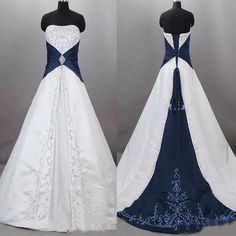 two dresses on mannequins, one in white and the other in blue